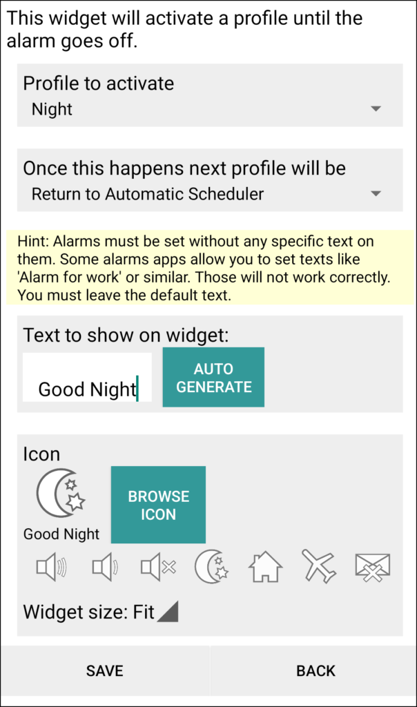 Widget, activate profile until alarm goes off